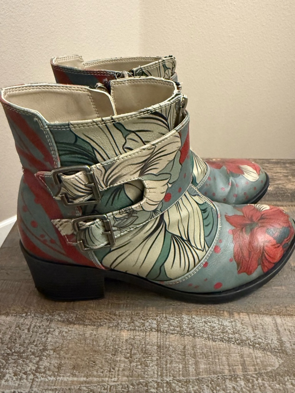 Goby Floral Print Ankle Boots in Teal and Red - Women's